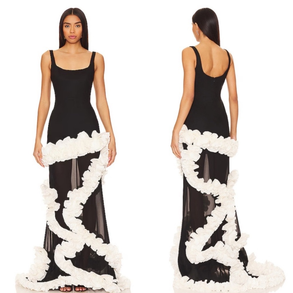 NBD Wisteria Black Maxi Dress with White Ruffle Trim - Picture 7 of 8